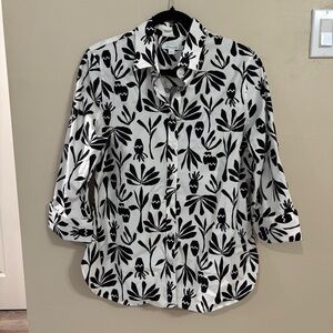 Chico's White Button-Down Shirt with Black Floral Print